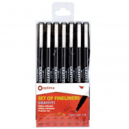 Ручка линер Optima GRAFFITI набор 7шт, черный, 0,05-1,0мм + ручка-кисточка, O16415