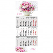 Календарь квартальный 2024 год "Розовый букет", 298х680мм, 3 пружины, 12649